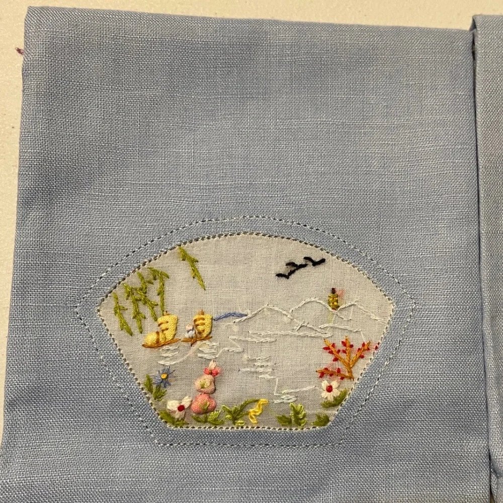Guest‎ Towels Set of 3 Blue Excellent Hand Embroidered Chinoiserie Linen